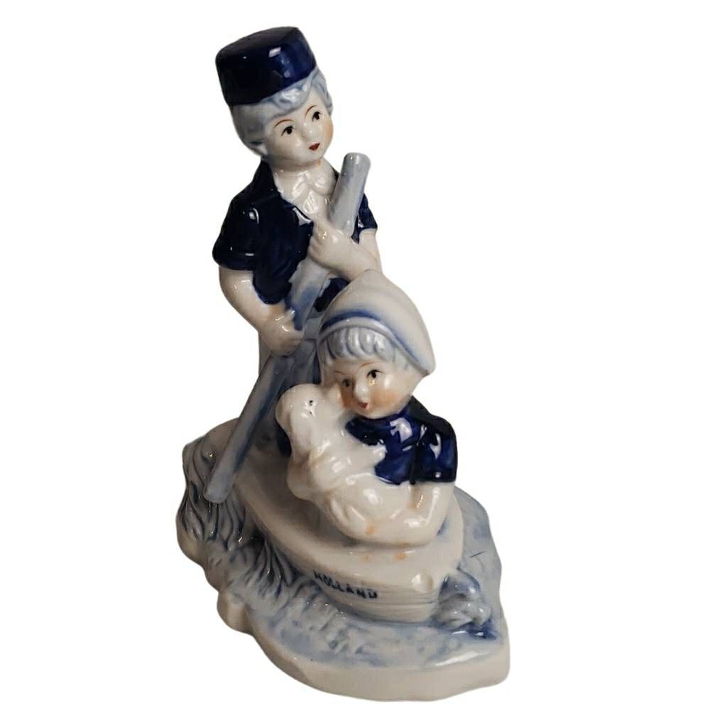 Vintage Blue Delft‎ Deco Holland Boy and Girl with Dog